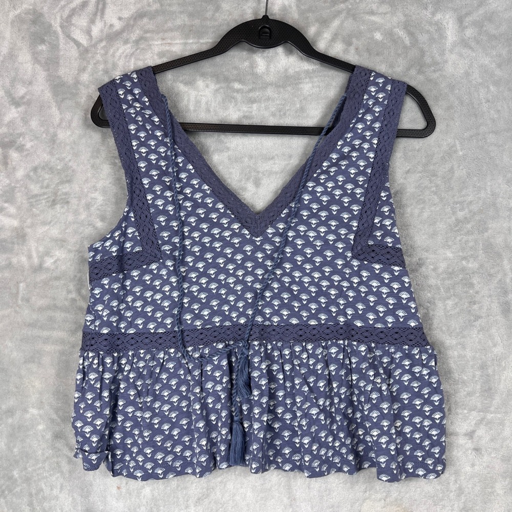 Lucky Brand Baby Doll Tank Top Blue Coquette Lace Trim V Neck Sleeveless Boho M - Picture 2 of 12